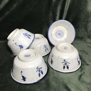5 Rare Chinese Blue White Floral Porcelain Rice Noodle Bowls Vintage